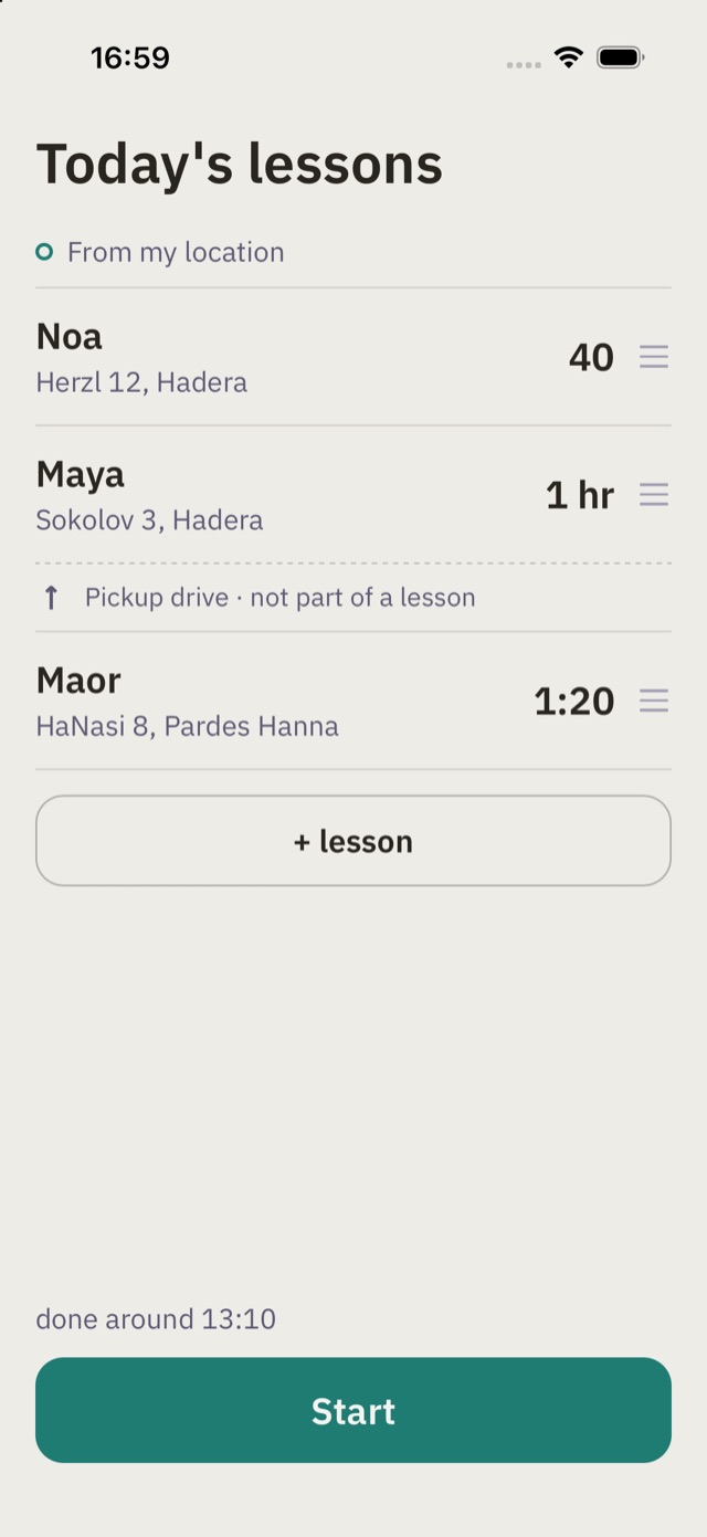 Today: three lessons in a list, with each lesson's length and the estimated finish time.
